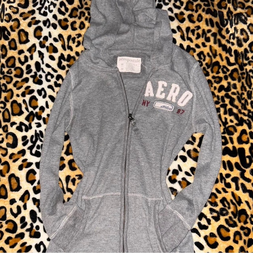 Y2k Grey Aeropostale Aero Embroidered Logo Ribbed Zip up Hoodie Jacket